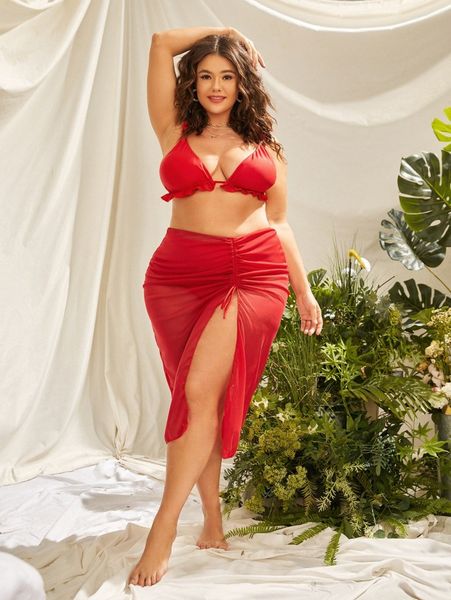 

plus frill trim triangle bikini swimsuit with beach skirt d3en#, White;black