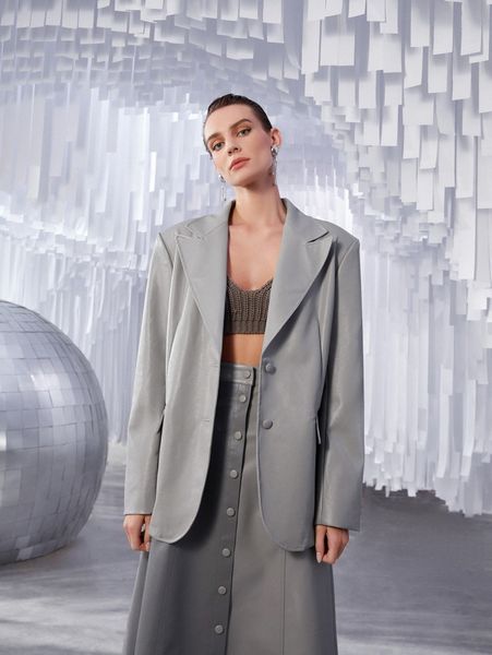 

lapel neck decorative pocket pu leather blazer b5bb#, White