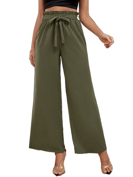 

paperbag waist belted wide leg pants 34ms#, Black;white