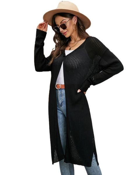 

drop shoulder slit hem ribbed knit cardigan u63o#, White;black