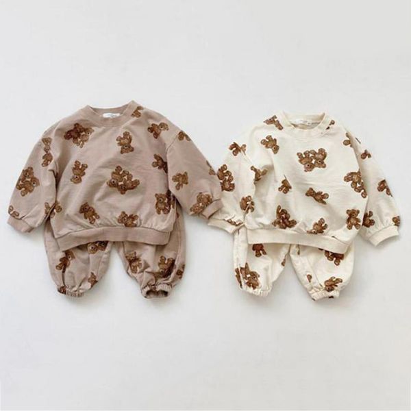 

fashion baby girl clothes set kids cartoon bear and pants suit toddler boys sweatshirt trousers 2pcs boy 220315, White