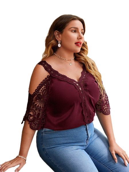 

plus contrast guipure lace cold shoulder blouse i4mh#, Black