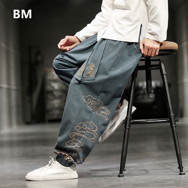 

chinese style retro auspicious clouds print pants men clothing autumn fashion clothes loose casual plus size harem 220325, Black