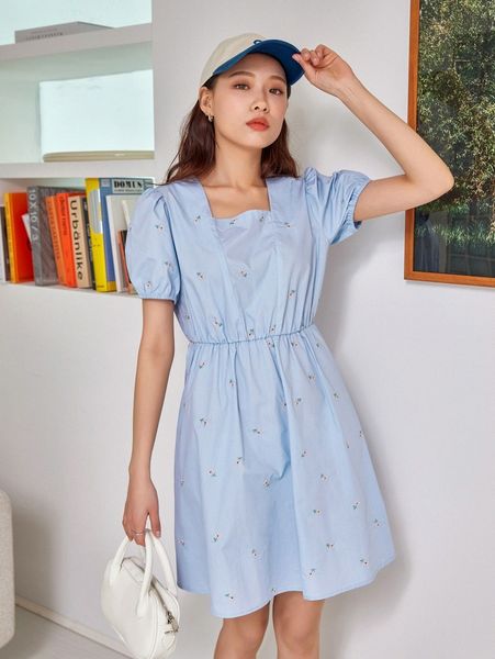 

dazy puff sleeve square neck floral embroidery dress r7s8#, Black;gray