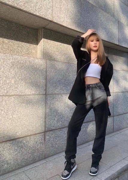 

women's jeans designer 2020 french niche gradient contrast high waist jeans women's loose and thin versatile fashionable pipe dad, Blue