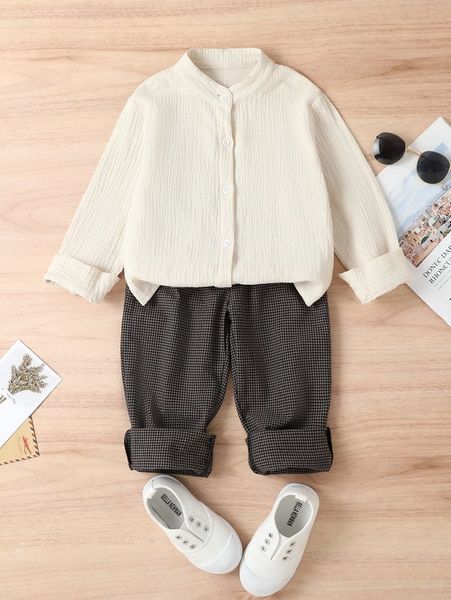 

toddler boys textured shirt & plaid print pants she, White