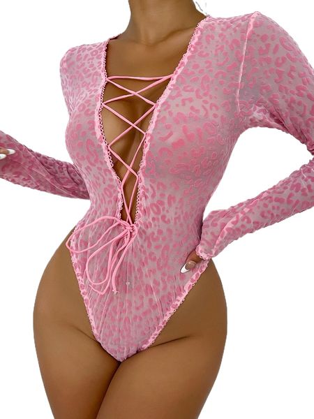 

leopard print lace up front mesh teddy bodysuit r4jj#, Black;red