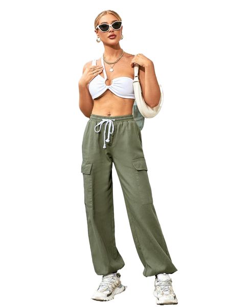 

flap pocket side drawstring waist cargo jeans 38bt#, Blue