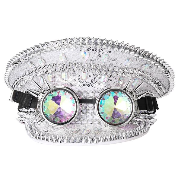 

sequin military hat steampunk cap costume accessories gothic punk cocktail music festival burning man hats headpieces with goggles, Silver