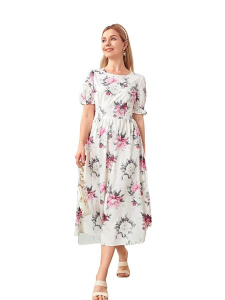 

1pc floral print puff sleeve dress o7yw#, Black;gray