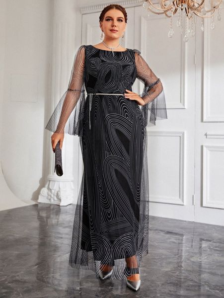 

plus geo print contrast mesh belted dress t1h5#, Black