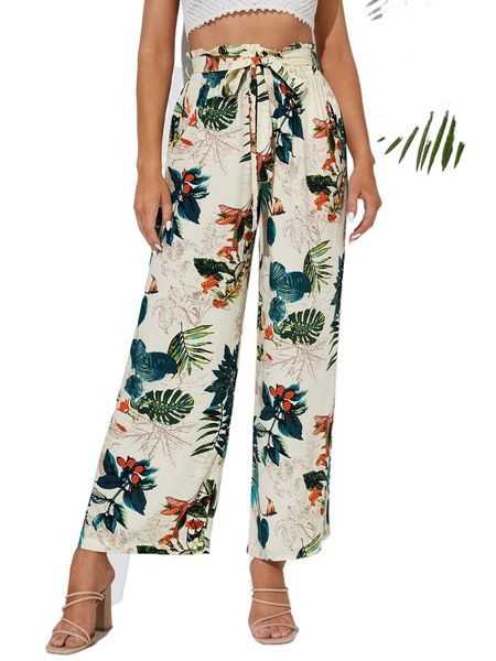 

tall tropical print paperbag waist belted wide leg pants g4vs#, Black;white