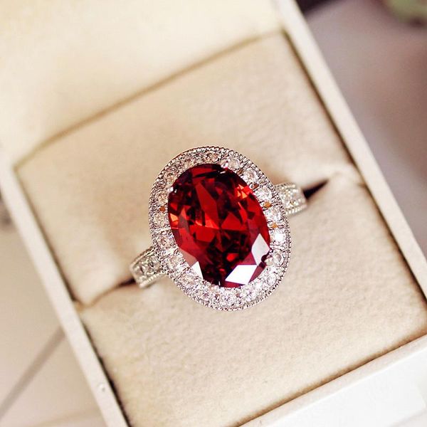 

cluster rings luxury male female big oval ring charm silver color red stone promise wedding engagement for men and women, Golden;silver