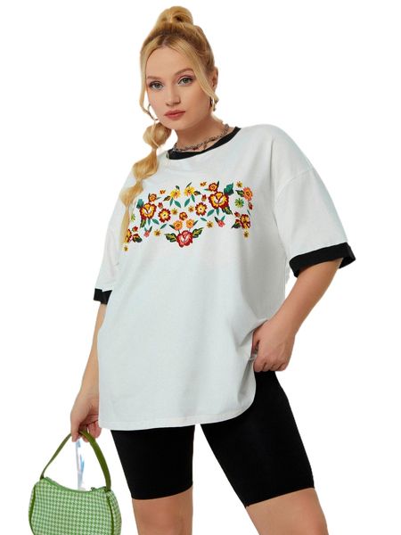 

plus floral print drop shoulder ringer tee f4r3#, Black