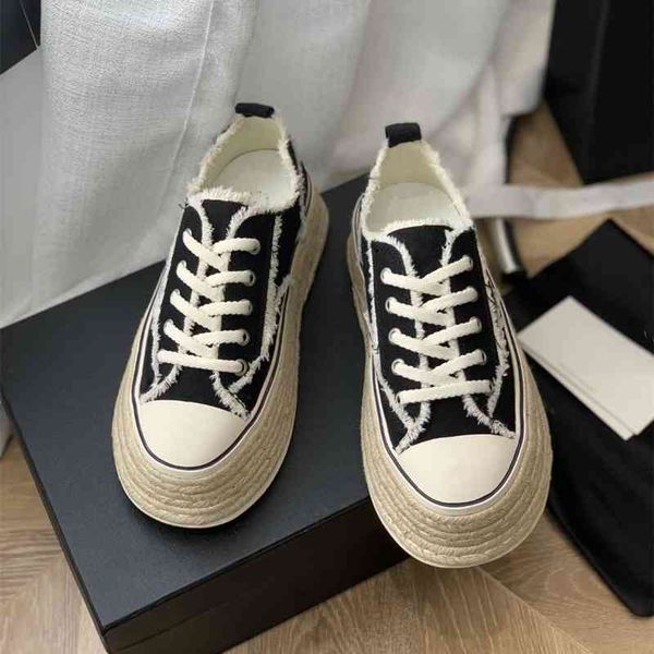 

dress shoes spring style small fragrance thick bottom fisherman biscuit shoes women's high woven muffin versatile canvas white k2b3, Black