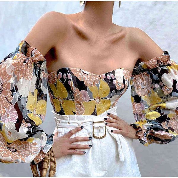 

women spring autumn off shoulder crop fashion frill long lantern sleeve floral print corset t-shirts y220411, White