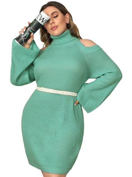 

plus turtleneck cut out raglan sleeve sweater dress without belt v0dw#, Black