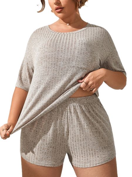 

plus patched pocket drop shoulder ribbed knit pj set q6hx#, Black;white