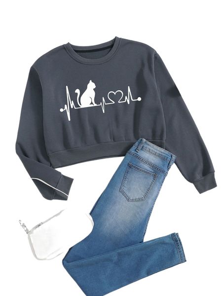 

cat & heart print thermal pullover w7r9#, Black