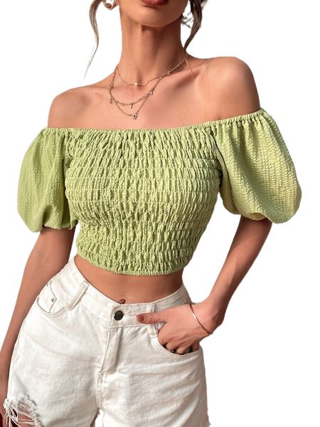 

off shoulder puff sleeve shirred crop b9ff#, White