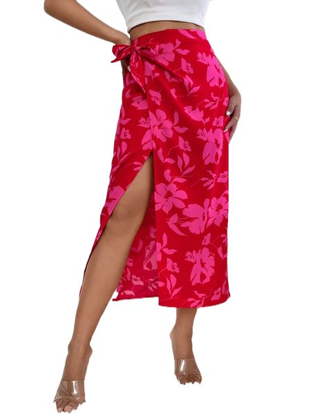 

floral print tie side wrap skirt x384#, Black