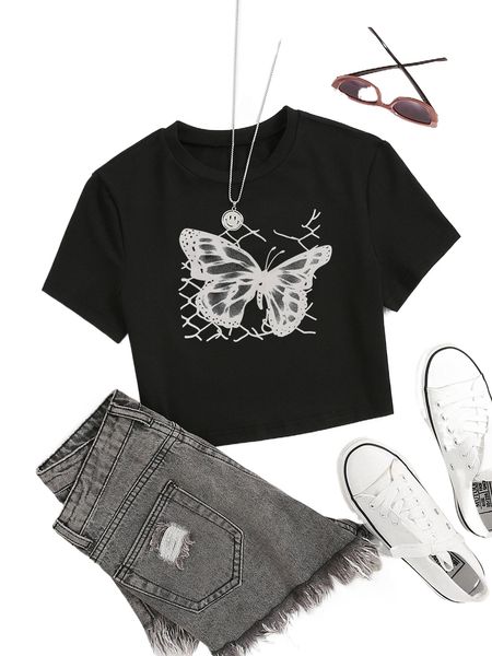 

butterfly print round neck tee a1li#, White