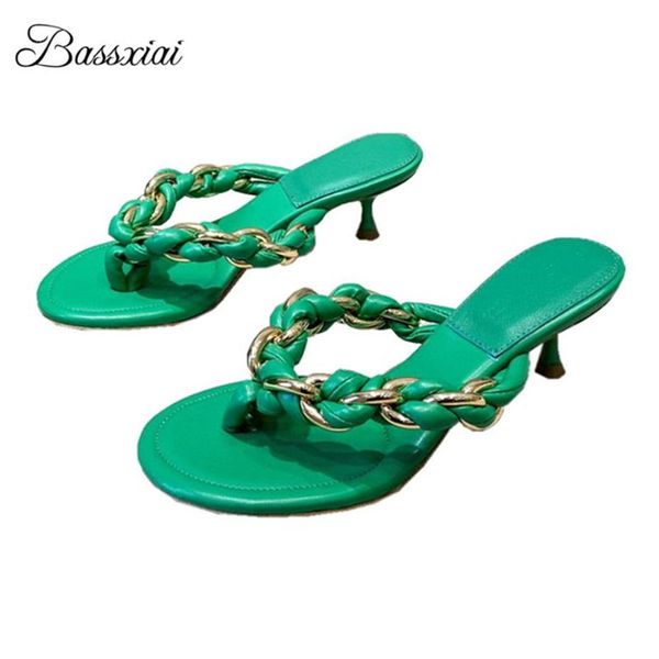 

sandals genuine leather flip flops kitten heel slingbacks slip-on lazyman runway mules lady braided chains women summer240g, Black