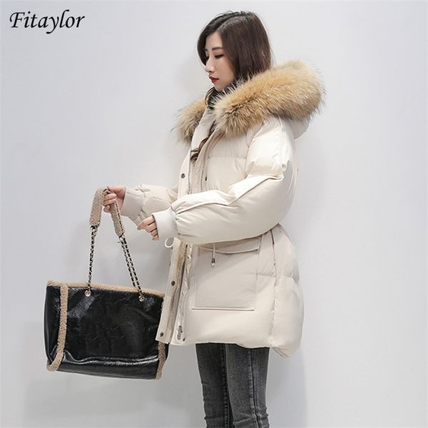 

fitaylor winter women large real fur collar hooded black down parka 90% white duck down coat thick warm snow outwear 201128