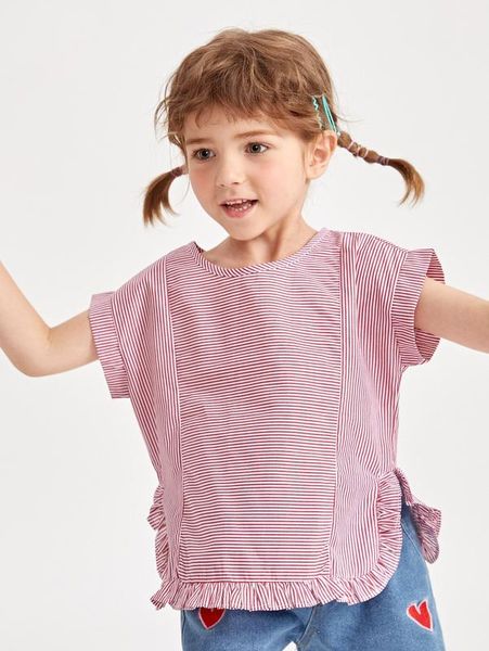 

toddler girls asymmetrical hem frill trim striped she, White;black