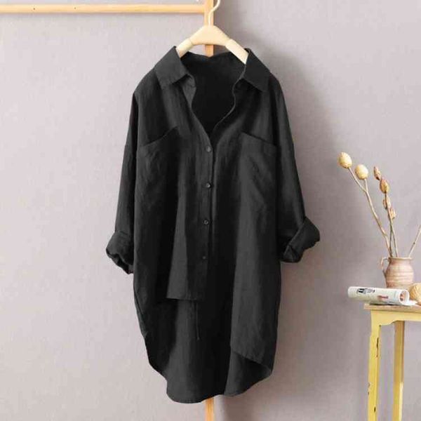 

2022 spring casual style solid color shirt versatile double pocket long sleeve large size irregular hem outlet_2x39, White