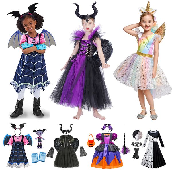Özel Durumlar Kötü Kraliçe Tutu Elbise Maleficent Cadı Cosplay Cosplay Şeytan Korna Kanat Kız Parti Cadılar Bayramı Vampirina Cruella Deville Giysileri 220826