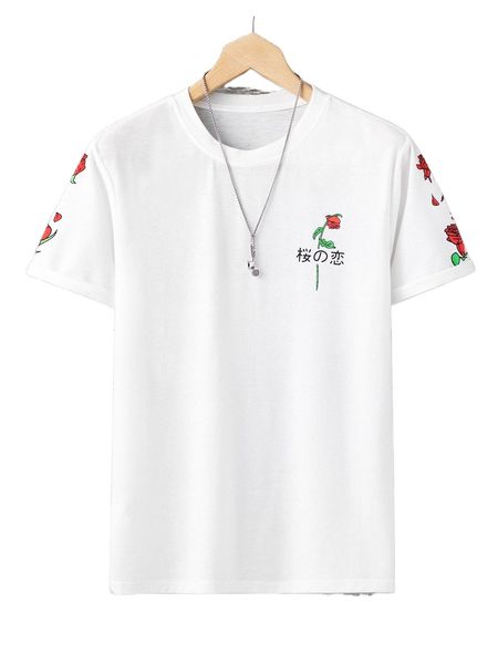 

men floral & japanese letter graphic tee o2v9#, White;black
