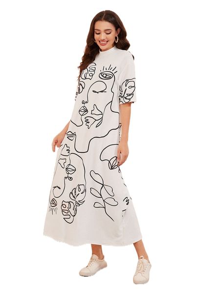 

figure graphic mock neck dress c4at#, Black;gray
