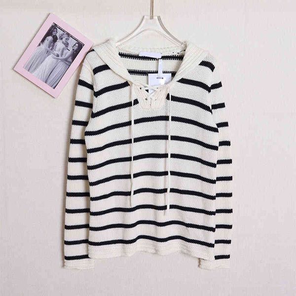 

women's knits tees d family autumn and winter loose thin classic black white stripe pullover lapel navy style knitted wool coat women