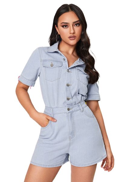 

flap detail button front denim romper v0zc#, Black;white