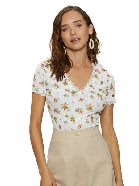 

allover floral print lace trim tee j7tb#, White