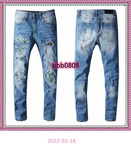 

2021 hip-hop high street fashion brand jeans retro torn fold stitching men's designer motorcycle riding slim pants size 28~40., Blue
