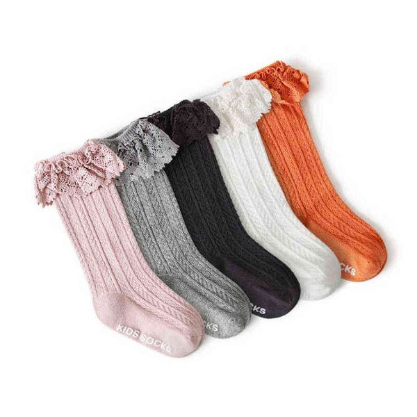 

soft cotton toddlers mid-calf length socks newborn baby girls sweet style infant kids lace princess ruffles knee high stockings l220716, Pink;yellow