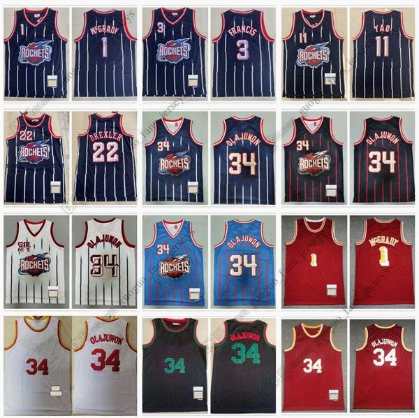 Maglie da basket retrò McGrady 1 Tracy 1995-96 Francis 3 Steve 11 Yao Ming Drexler 22 Clyde 34 Hakeem Olajuwon 1996-97 Nero rosso di alta qualità