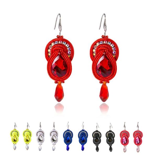 Dangle Avize Etnik Boho Soutache Hook Küpeler Elde Made Dokuma Kristal Dekor Kadın Küpü Kırmızı Pembe Mavi Beyaz Sevimli Je