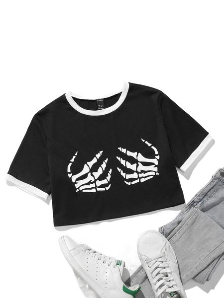 

skeleton print contrast binding crop tee i0bm#, White
