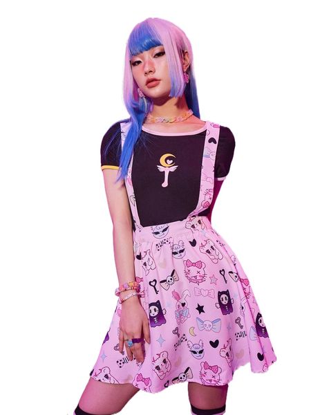 

romwe anime cartoon graphic pinafore skirt e2ue#, Black