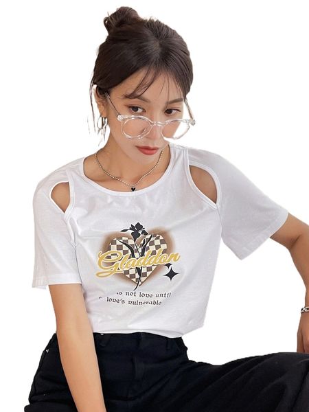 

dazy floral & slogan graphic cut out tee b289#, White