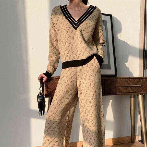 

elegant knitting pants sets for women autumn winter v neck pullovers sweater wide leg pants ladies chic jumpers suits set t220729, Gray