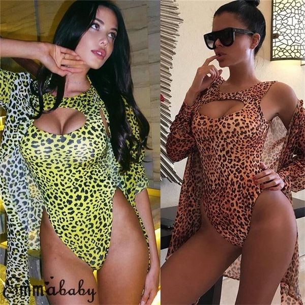 

women 2pcs set swimsuits beach cover ups leopard printed 1pc swimwear women 2019 bathing suit swim wear bodysuit lady t200708, White;black