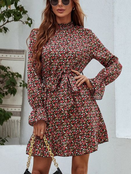 

ditsy floral print flounce sleeve belted dress j0gq#, Black;gray