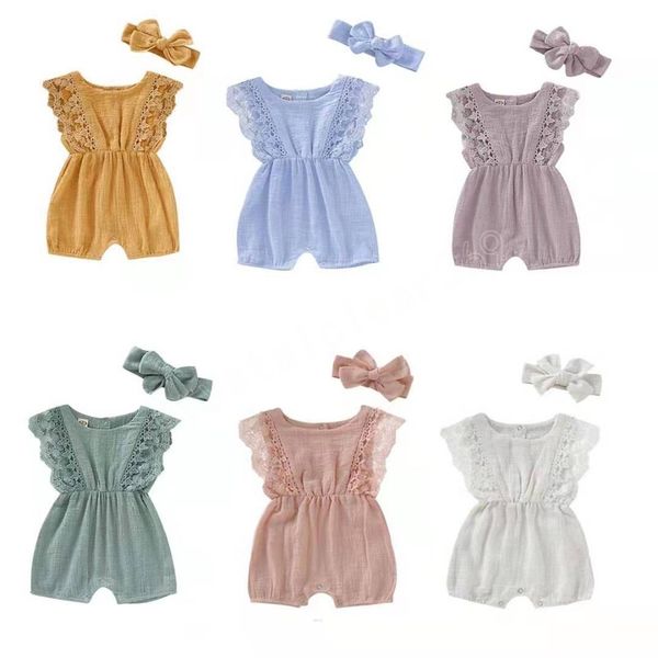 

kids designer clothes girls summer solid lace cotton jumpsuits headband suits breathable casual button rompers hairband outfits, Blue
