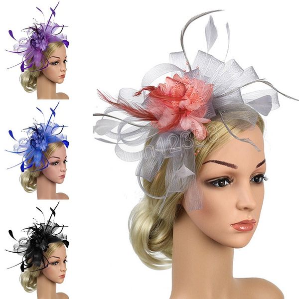 

fashion women flower feather beads mesh hair clip floral fascinator headband cocktail party hat wedding bridal hair accessories, Silver