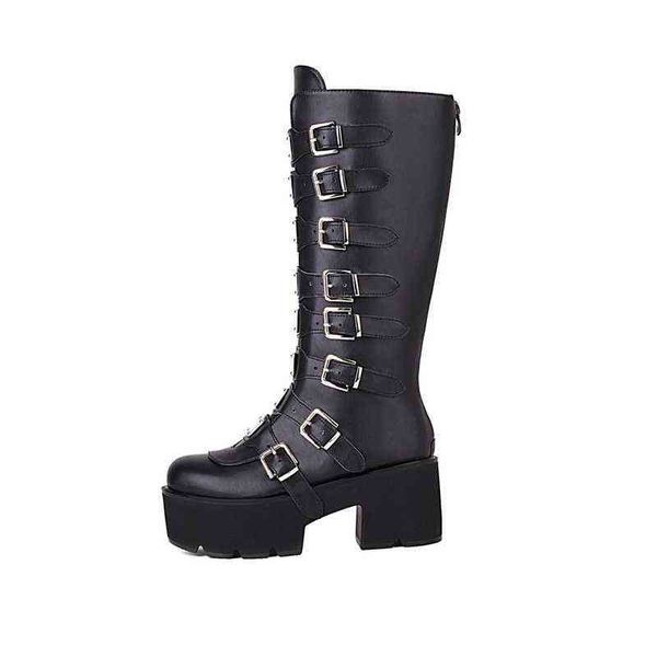 Stiefel Punk Frauen 2022 Neue High Heels Gothic Stil Schwarz Plattform Runde Nase Retro Schuhe Große Größe 44 220709