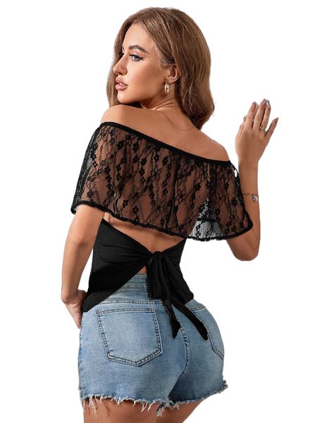 

off shoulder contrast lace tie back tee m60i#, White